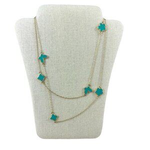 Gold Plated Butterfly, Flower, Clover Long Necklace Turquoise Enamel NWT